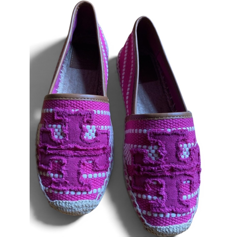 Tory Burch Ines Pink Woven Canvas Espadrille Flats Double T‎ Logo Size 5